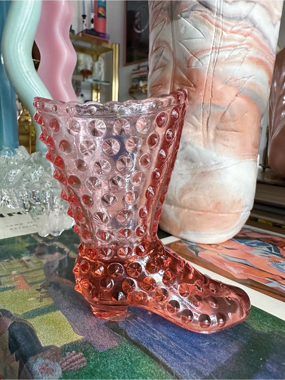 Fenton Hobnail Art Glass Pink Boot Shoe Figurine / Match Holder / Mini Vase
